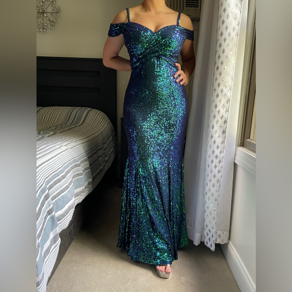 Night Way Collections Blue and Green Off the Shoulder Gown